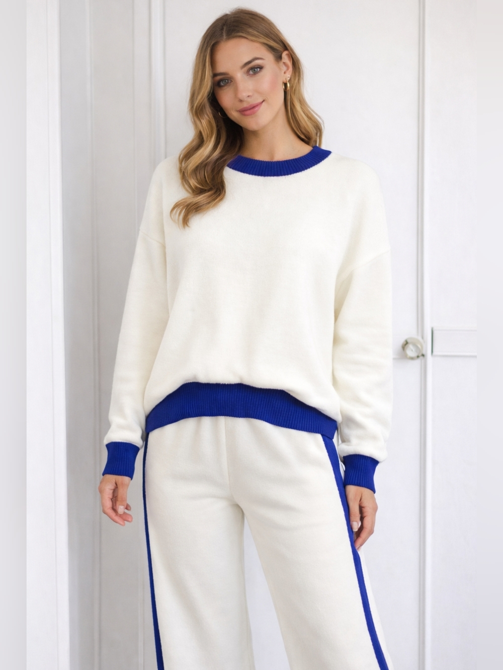 Cream & Blue Trim Knit Sweater - Women